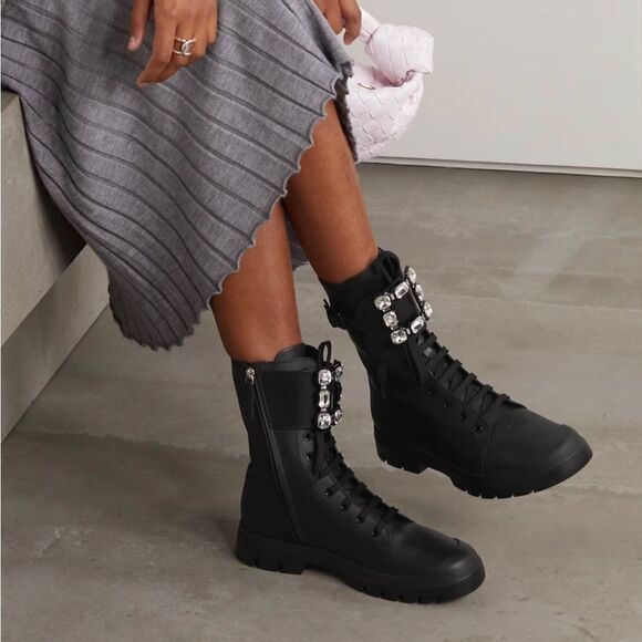 Roger Vivier Shoes - Roger Vivier Walkyviv Calfskin Crystal-Buckle Mid Boots size 41.5